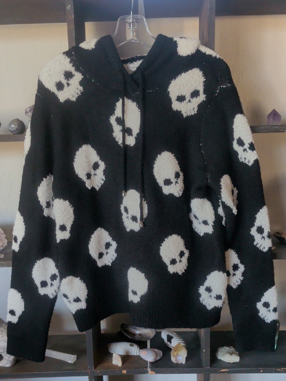 cupcakes & cashmere Black and White Skull Hooded Sweater Goth
